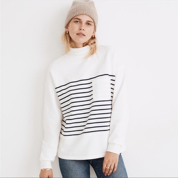 Madewell Sweaters - Madewell Mock Neck Nautical White Blue Stripe Sweatshirt
